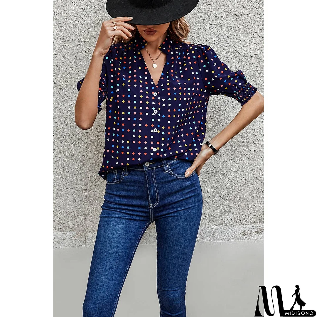 MidiSono - Polka Dot Print Puff Sleeve Button Shirt