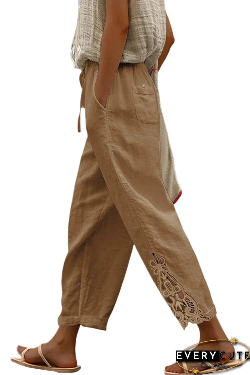 Khaki Lace Splicing Drawstring Casual Cotton Pants