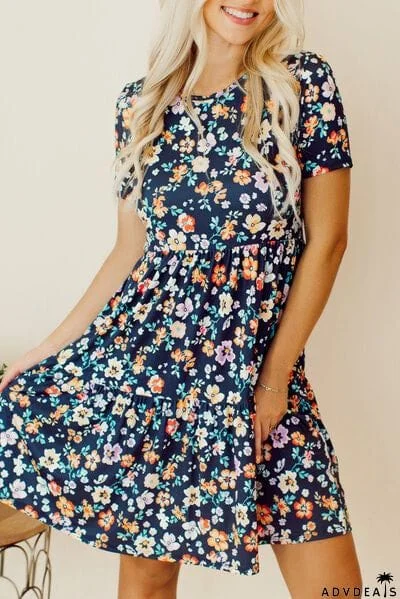 Floral Round Neck Short Sleeve Mini Dress