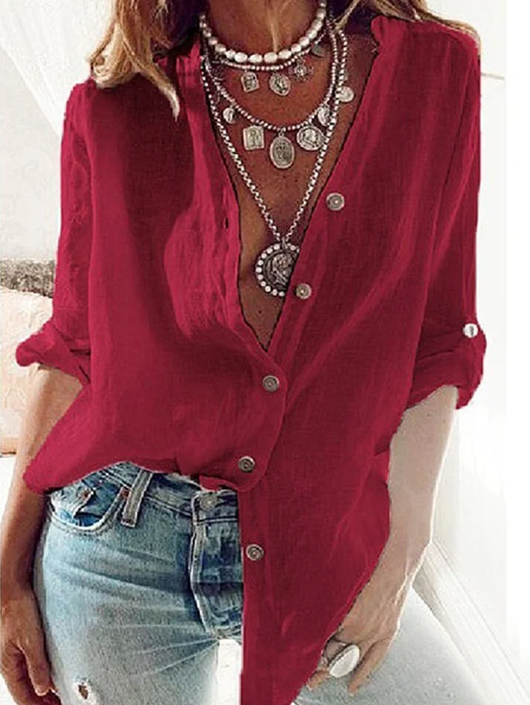 Casual Plain Long Sleeve Button Down Loose Blouse