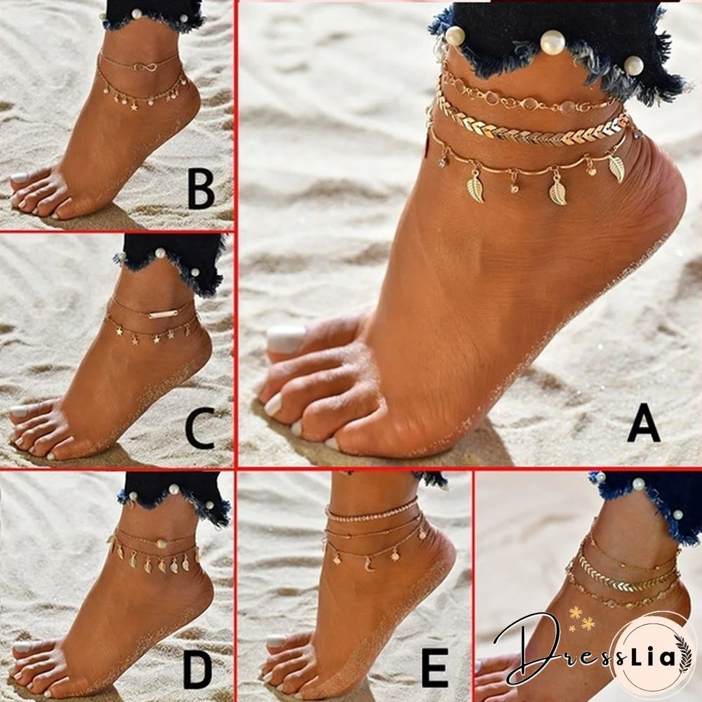 Popular Style Beach Ankle Multilayer Gold Anklet Rhinestone Beads Leaves Stars Moon Tassels Bracelet / Anklet Jewelry