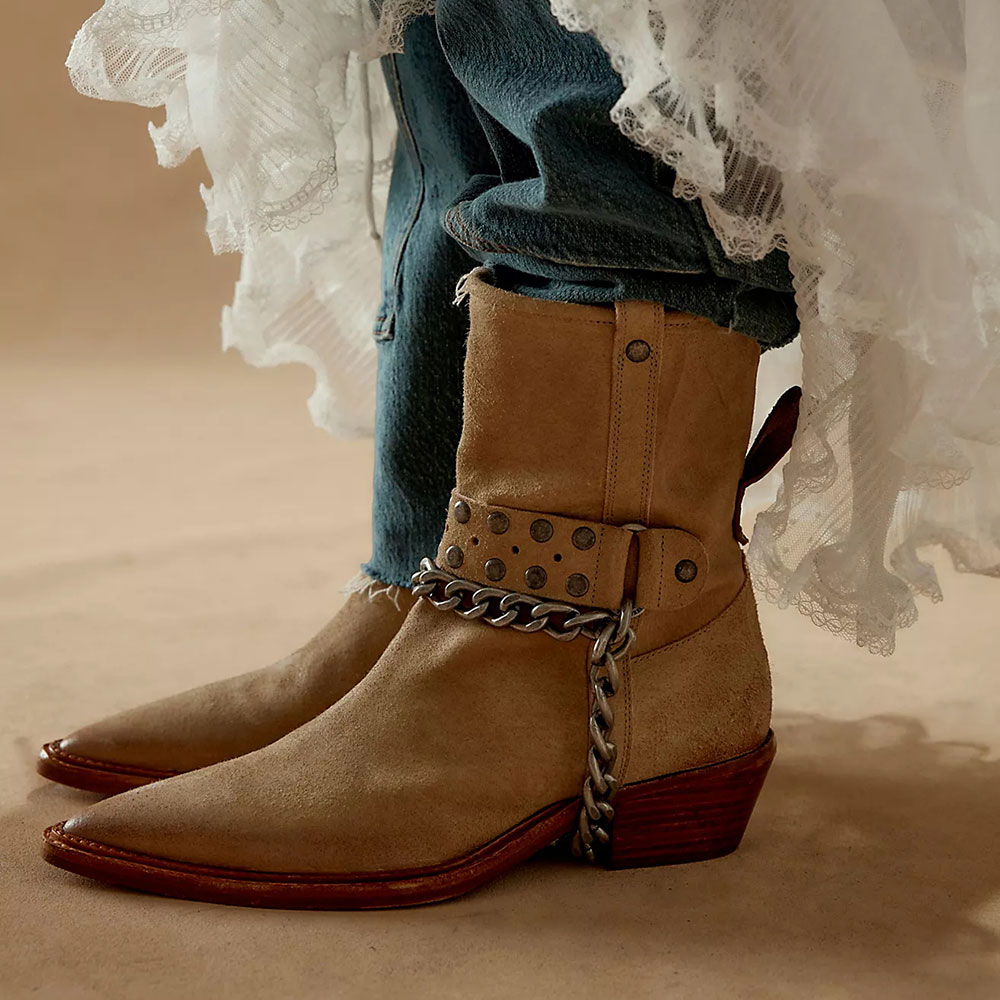 Khaki Pointed Toe Studded Chain Western Cowboy Boots with Zipper Nicepairs