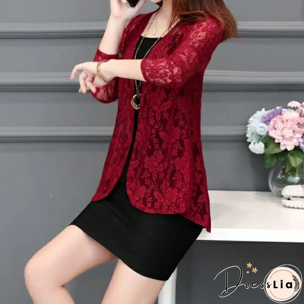 Womens Fashion Lace Cardigans Long Sleeves Solid Color Slim Fit Coat Casual Trench Outwear