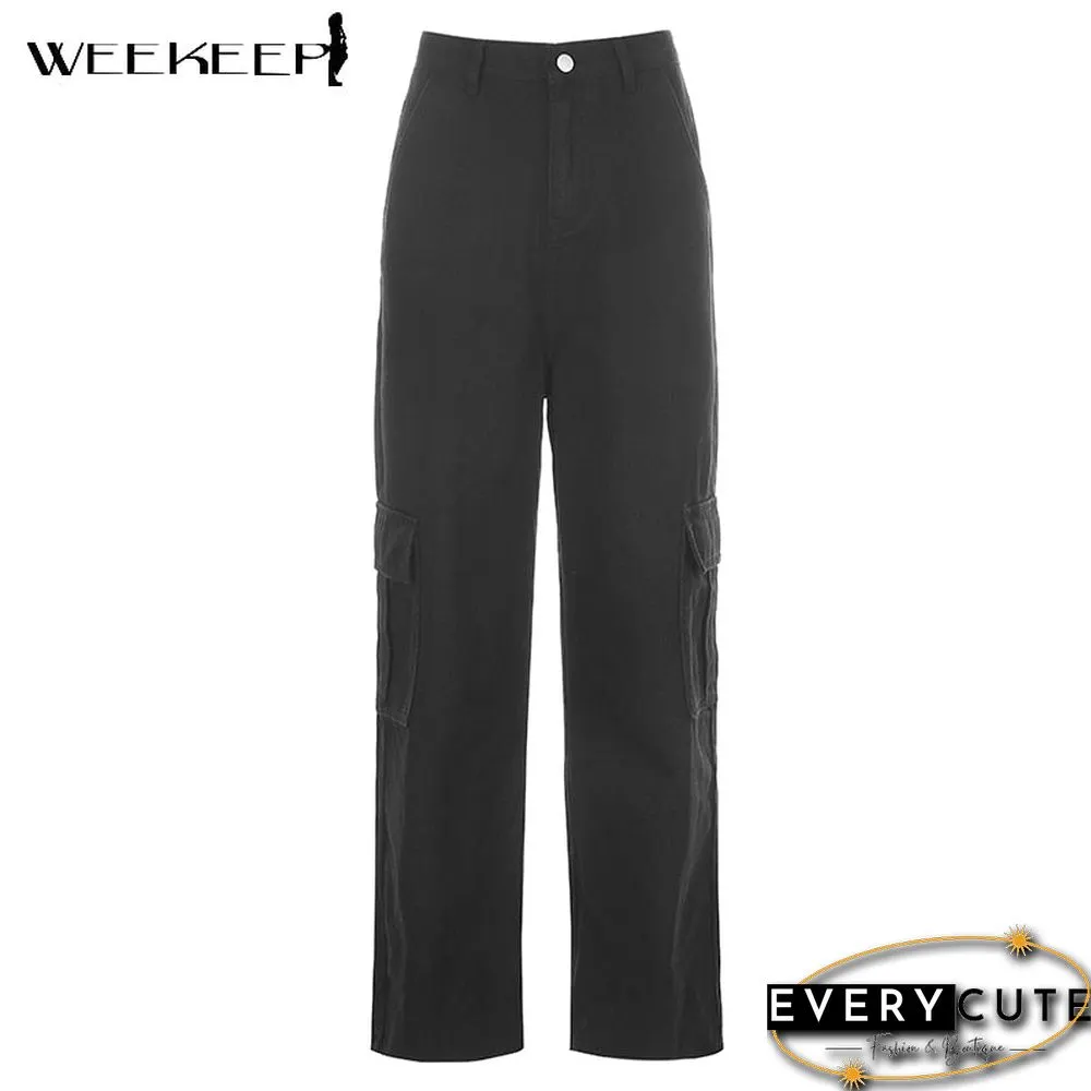 Weekeep Pockets Patchwork High Waist Women Streetwear Straight Jean Femme Blue Cotton