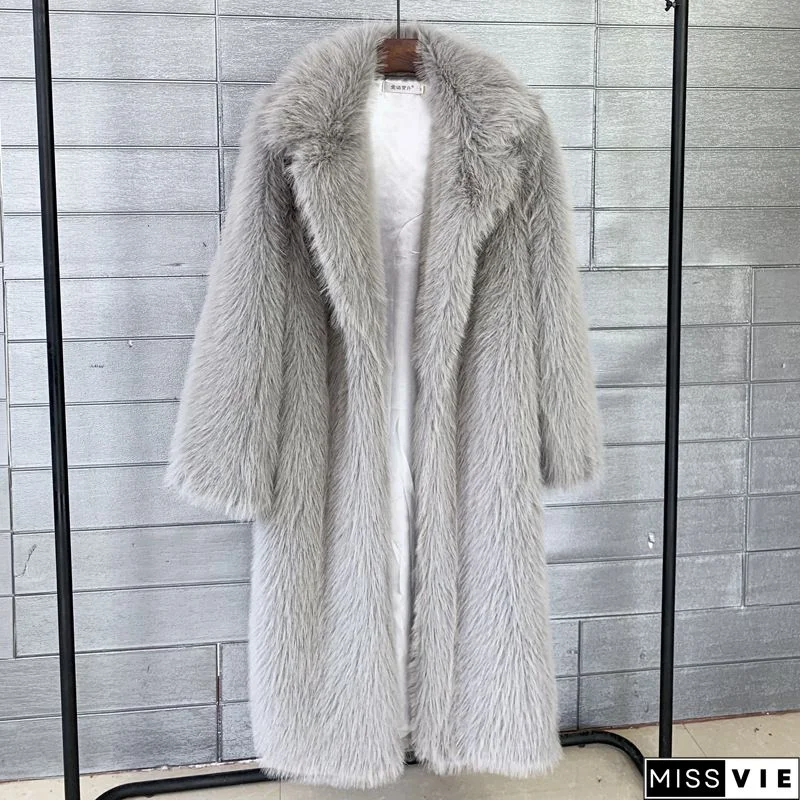 Women's Winter New Fashion Plus Size Luxury Elegant Solid Color Turn Down Collar Faux Fur Coat Warm Outerwear Tops