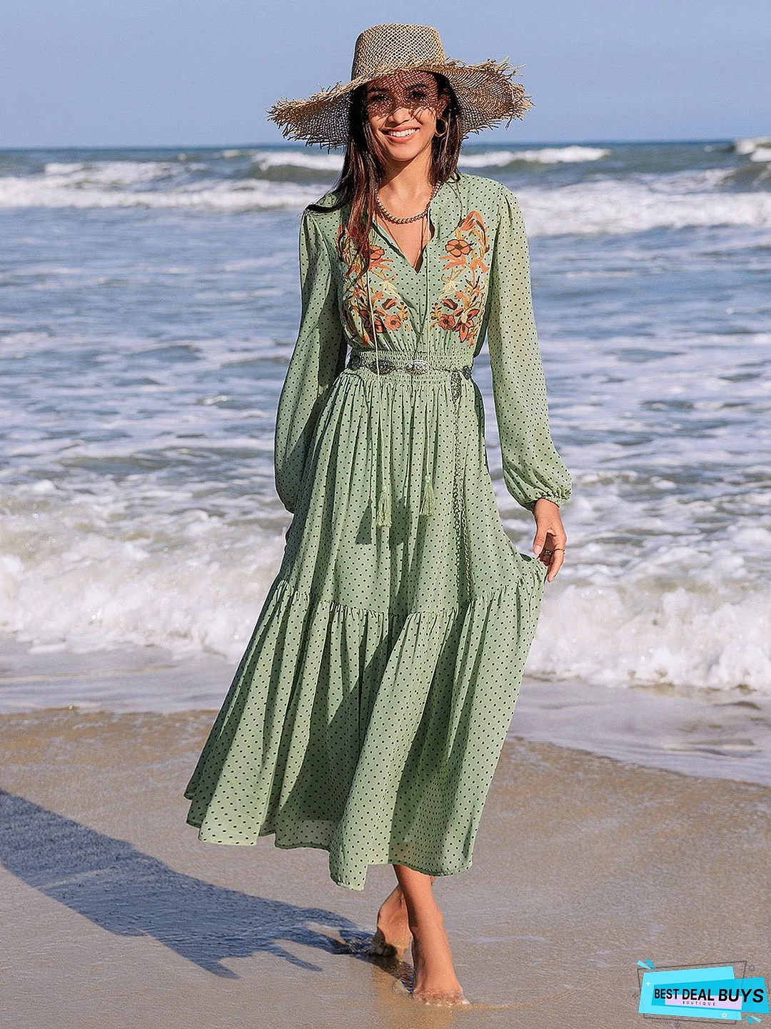 Embroidered Polka Dot Tie Neck Long Sleeve Midi Dress