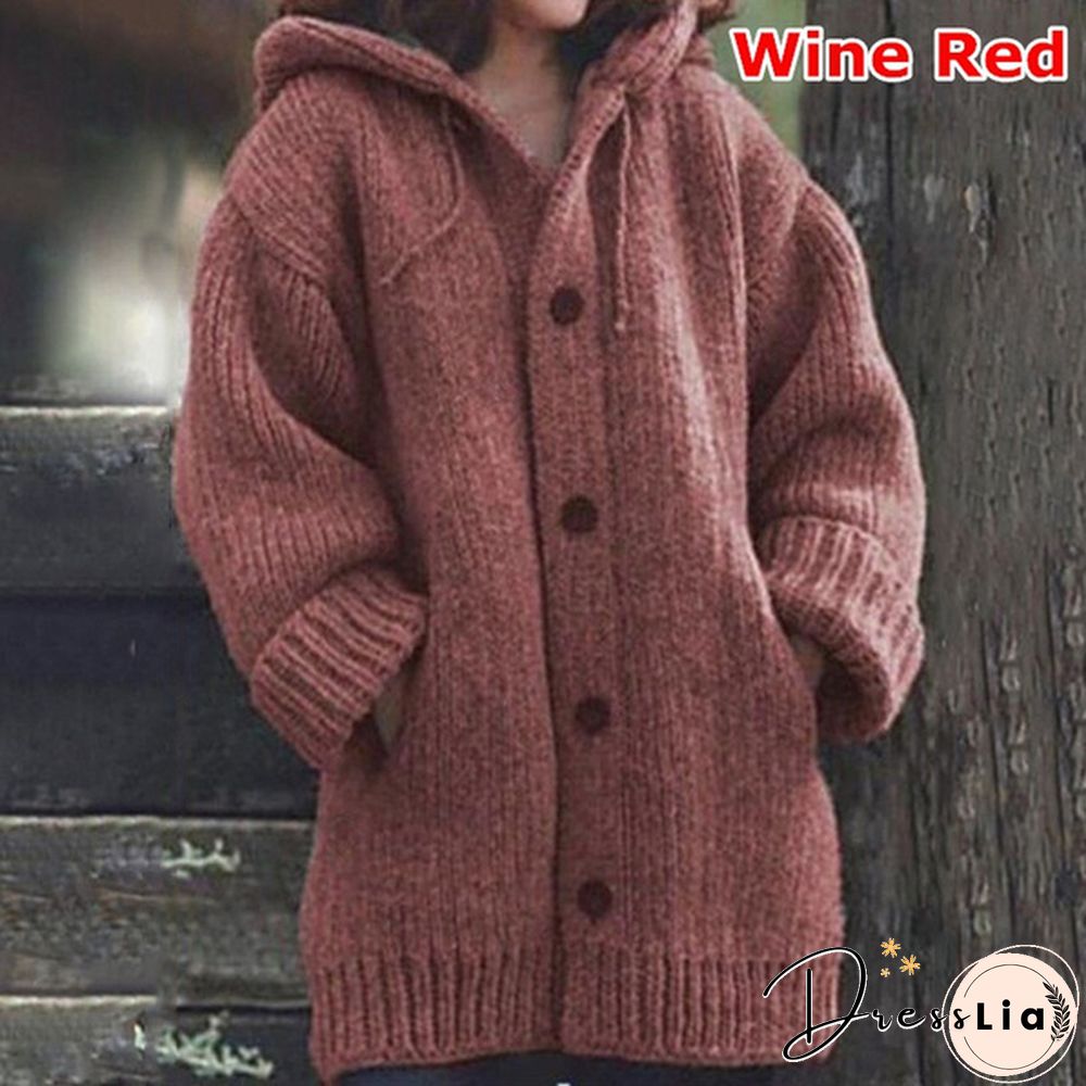 New Autumn Fashion Women Winter Coat Knit Hooded Sweater Loose Mid-length Button Up Knitted Cardigan Jackets for Women Outwear vestidos mujer casacos de inverno feminino