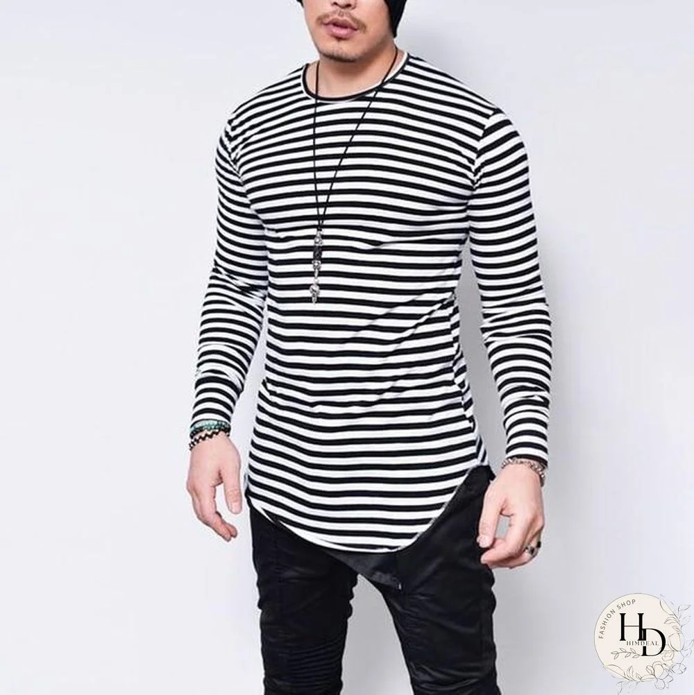 Striped Men T-Shirt Fashion Long Sleeve High Elastic Casual Streetwear Irregular Male Slim Oversize Clothing