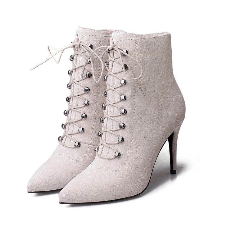 Women's Beige Heels Lace Up Boots Elegant Pointed Toe Ankle Boots |FSJ Shoes