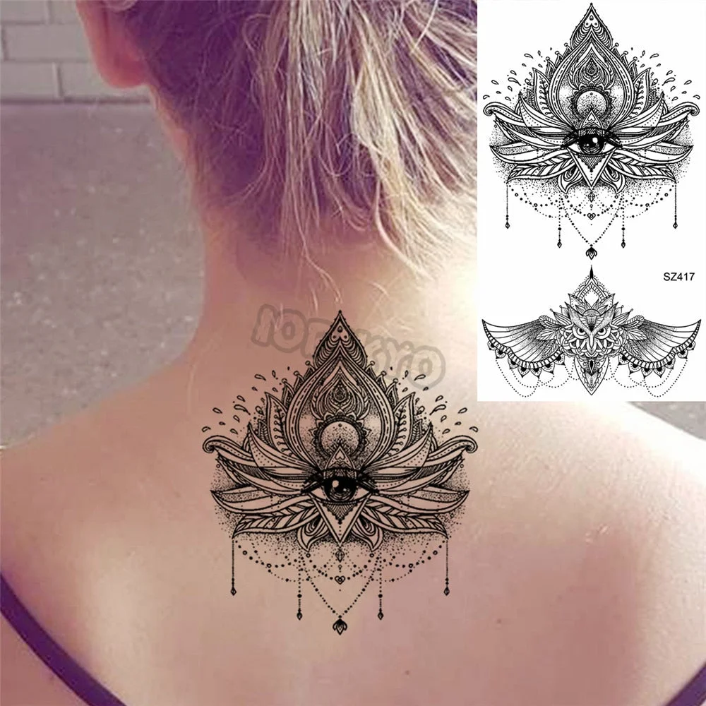 Black Pencil Sketch Henna Lotus Temporary Tattoos For Women Girls Realistic Planet Dandelion Fake Tattoo Sticker Back Arm Tatoos