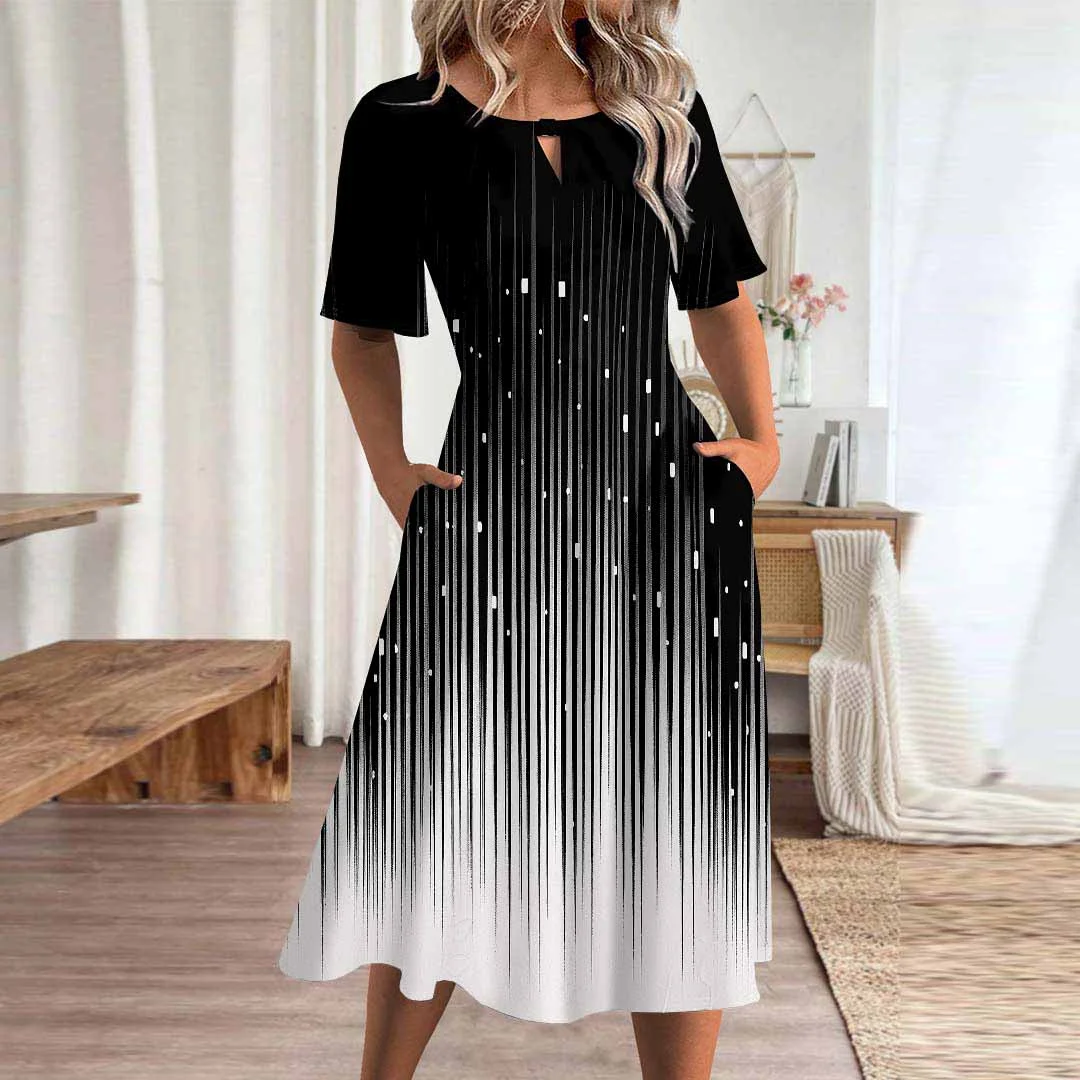 Women Striped,Black DZHA8326 Short Sleeve Scoop Neck Graphic Printed Hollow Midi Dress