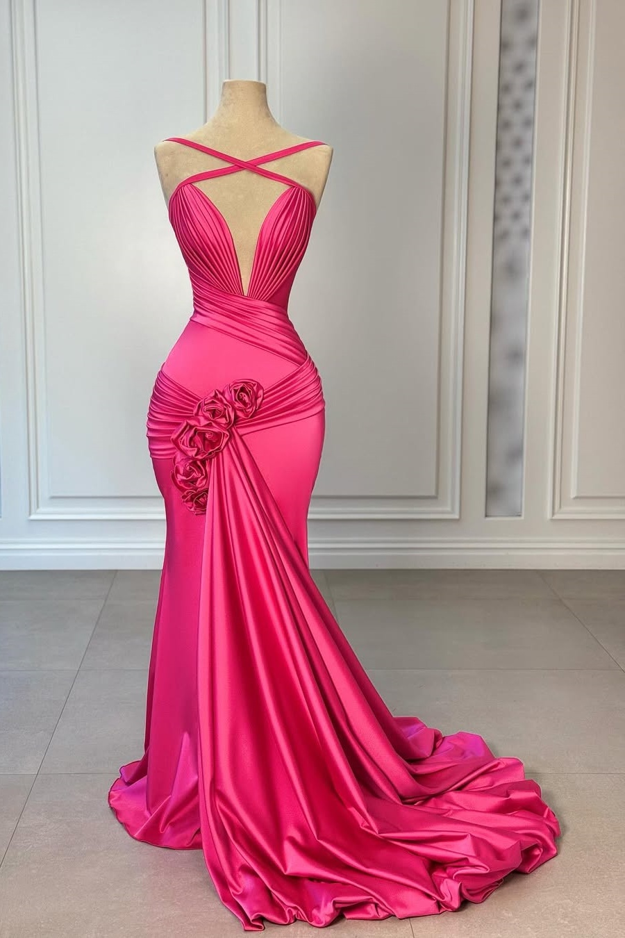Lisliy Fuchsia Halter Straps Deep V-Neck Pleated Mermaid Prom Dress With Flower