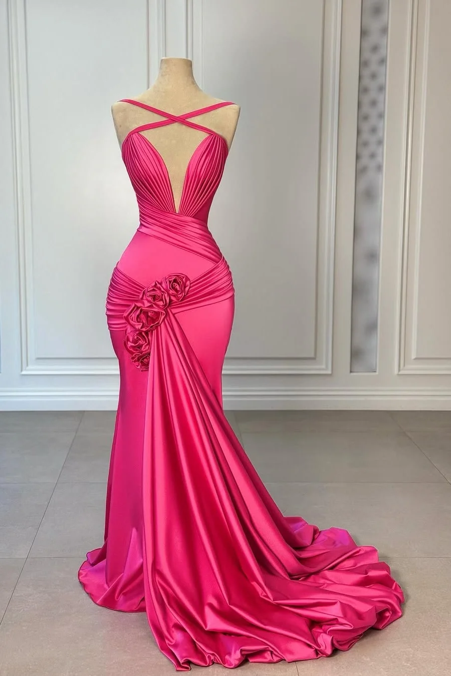 Daisda Fuchsia Halter Straps Deep V-Neck Pleated Mermaid Prom Dress With Flower