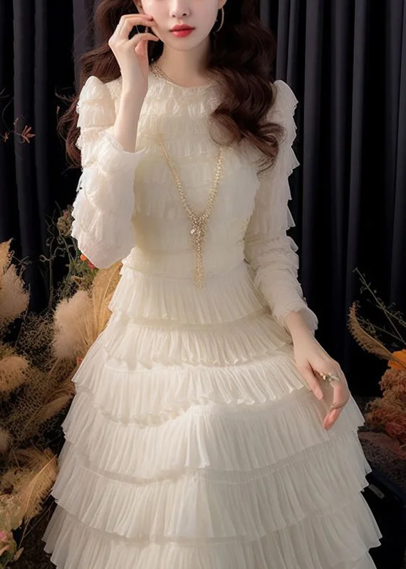 Italian White Solid High Waist Chiffon Dresses Long Sleeve