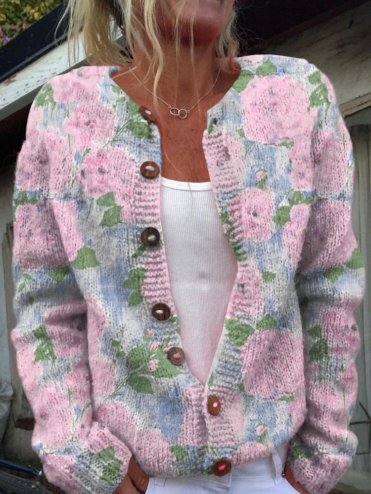 Vintage Floral Art Print Buttoned Cardigan Sweater