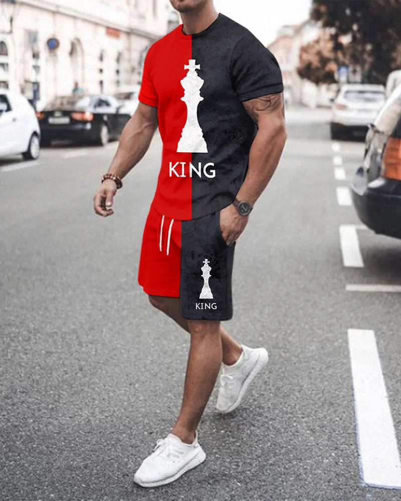 Men's Black-red Printed Shorts Suit