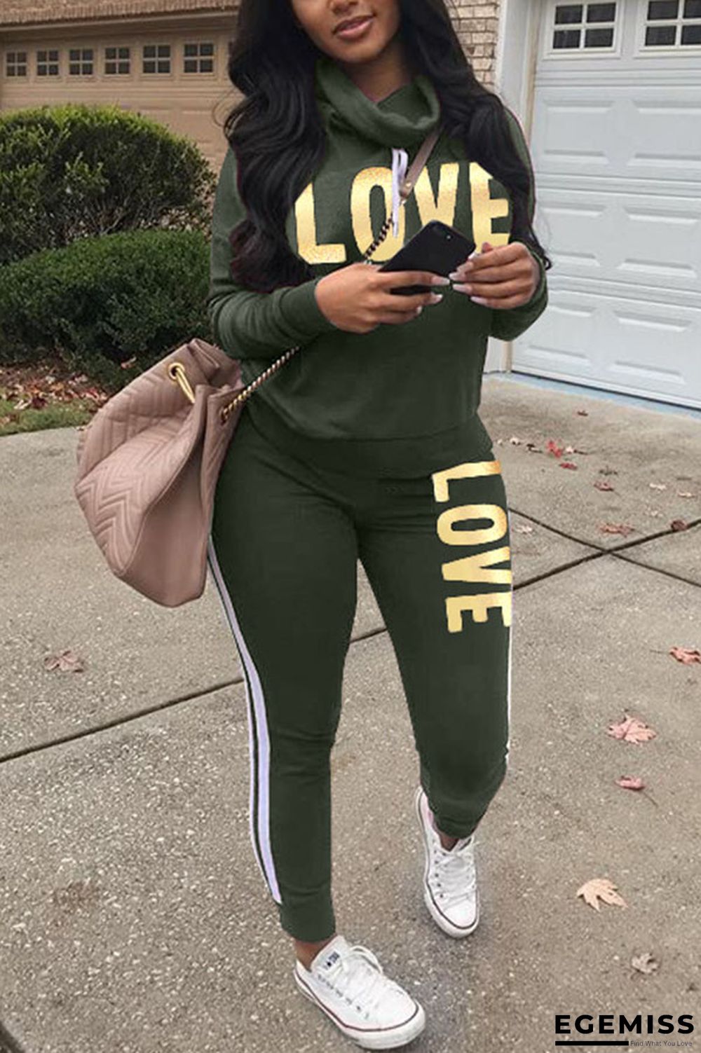 Green Fashion Print Patchwork O Neck Long Sleeve Two Pieces | EGEMISS