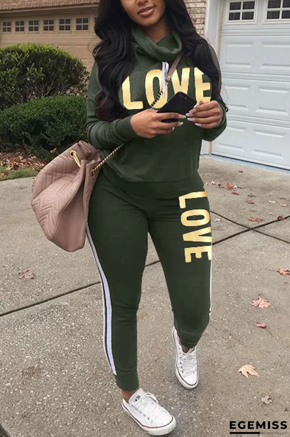 Green Fashion Print Patchwork O Neck Long Sleeve Two Pieces | EGEMISS