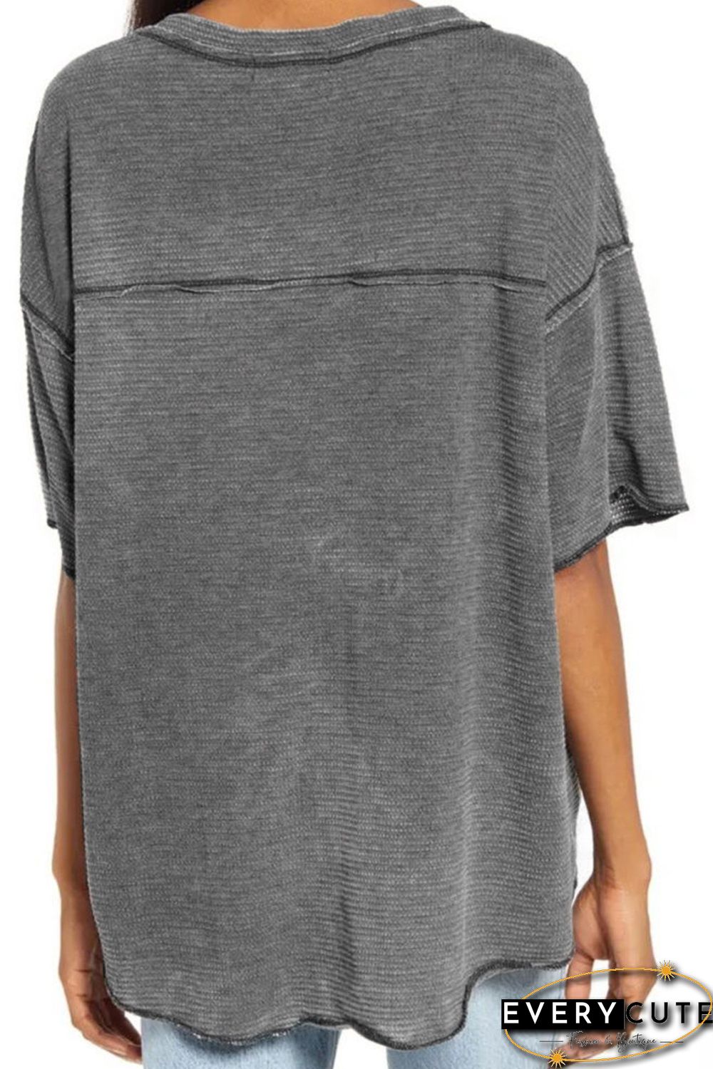 Gray Waffle Knit Seamed Half Sleeve V Neck Top