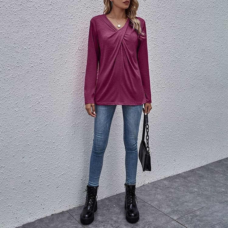 Autumn Spring Tops Women Casual Long Sleeve Cross Neck T-Shirts Fashion Female Stitching Tees Loose Pullover Solid Tops - BlackFridayBuys