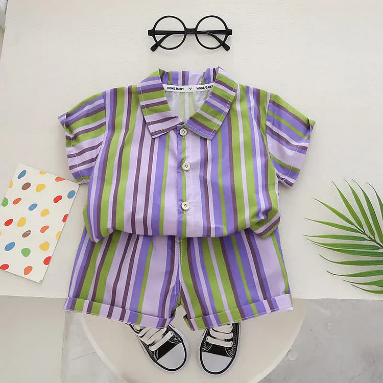 Toddler Boy Striped Lapel Tee and Shorts Set