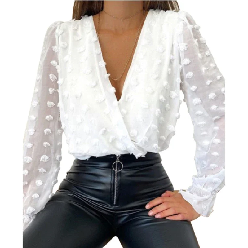 Qjong Sexy V-neck Blouse Women Solid Colour White Shirts Tops Female Spring Long Sleeve Blouses Jacquard Patchwork Blusas Mujer