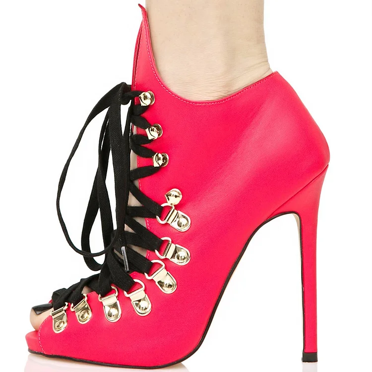 Red Lace up Peep Toe Stiletto Heel Ankle Booties Vdcoo