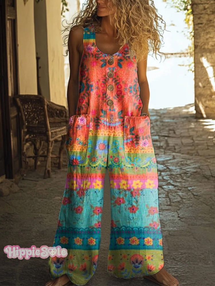 Women’s Floral Patchwork Art Print Casual Cotton Wide-Leg Jumpsuit Multicolor / S
