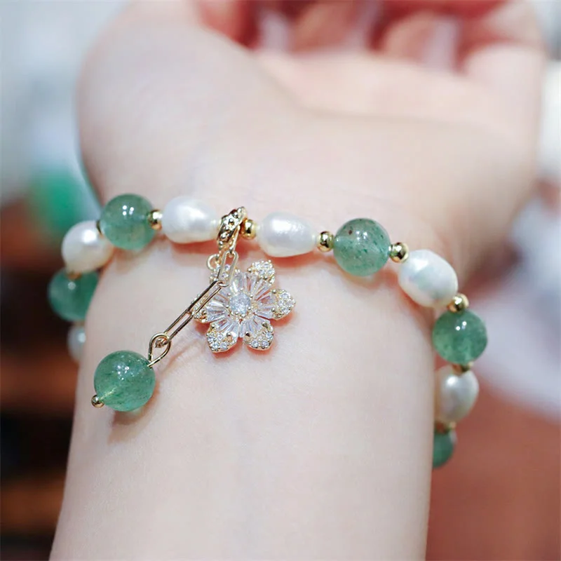 Green Strawberry Quartz Pearl Flower Charm Love Bracelet