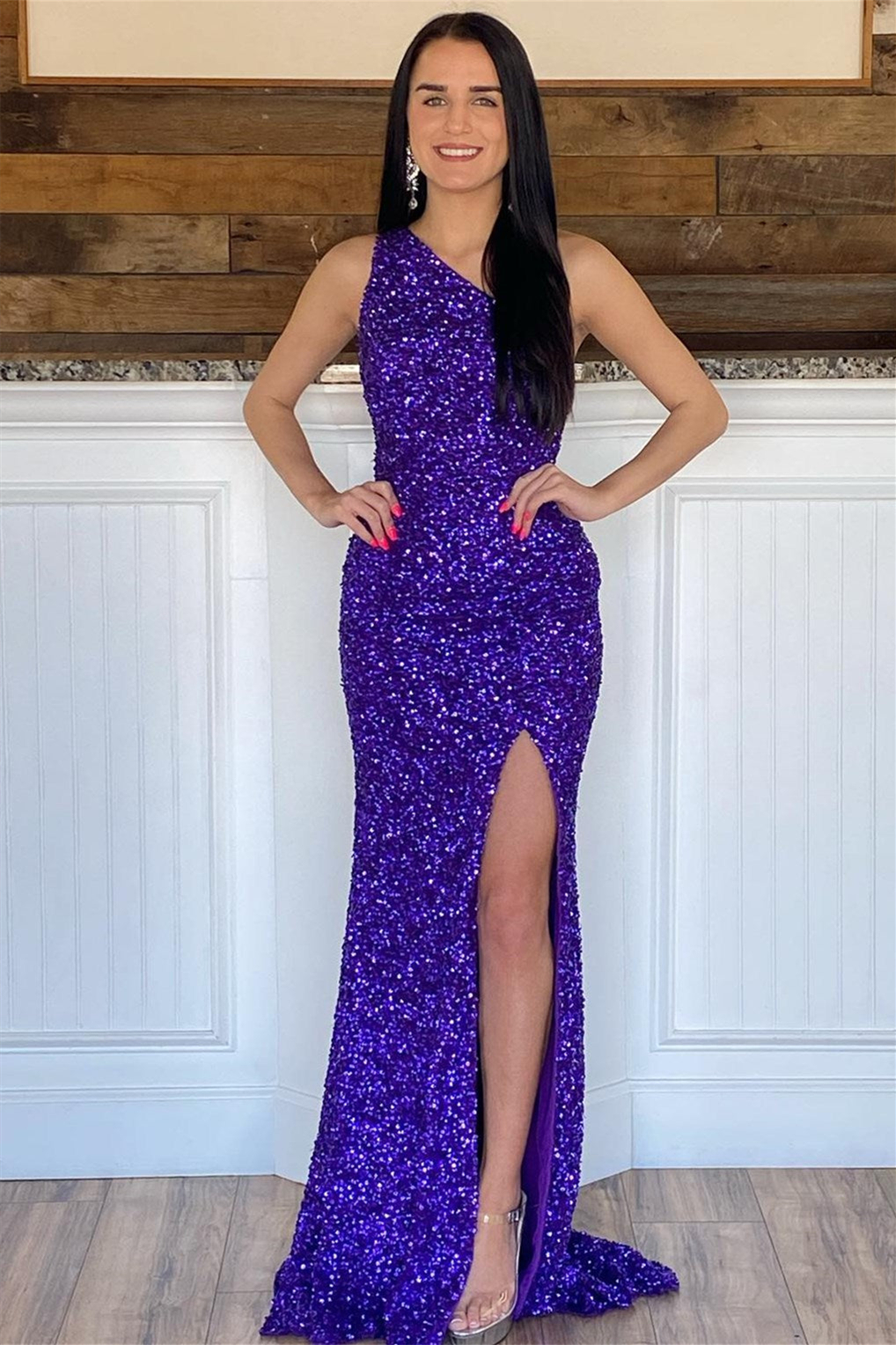 Charming One Shoulder Sleeveless Mermaid Prom Dress Sequins With Split Long - lulusllly