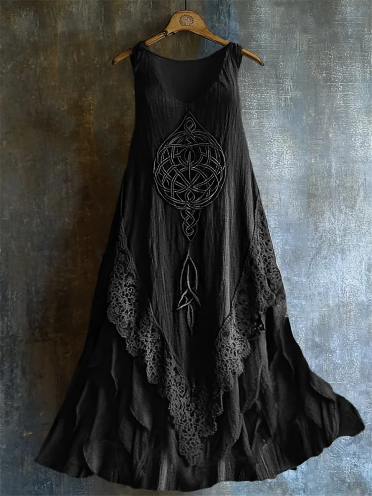 Viking Celtic Knot Lace Hem Layered Linen Tank Dress