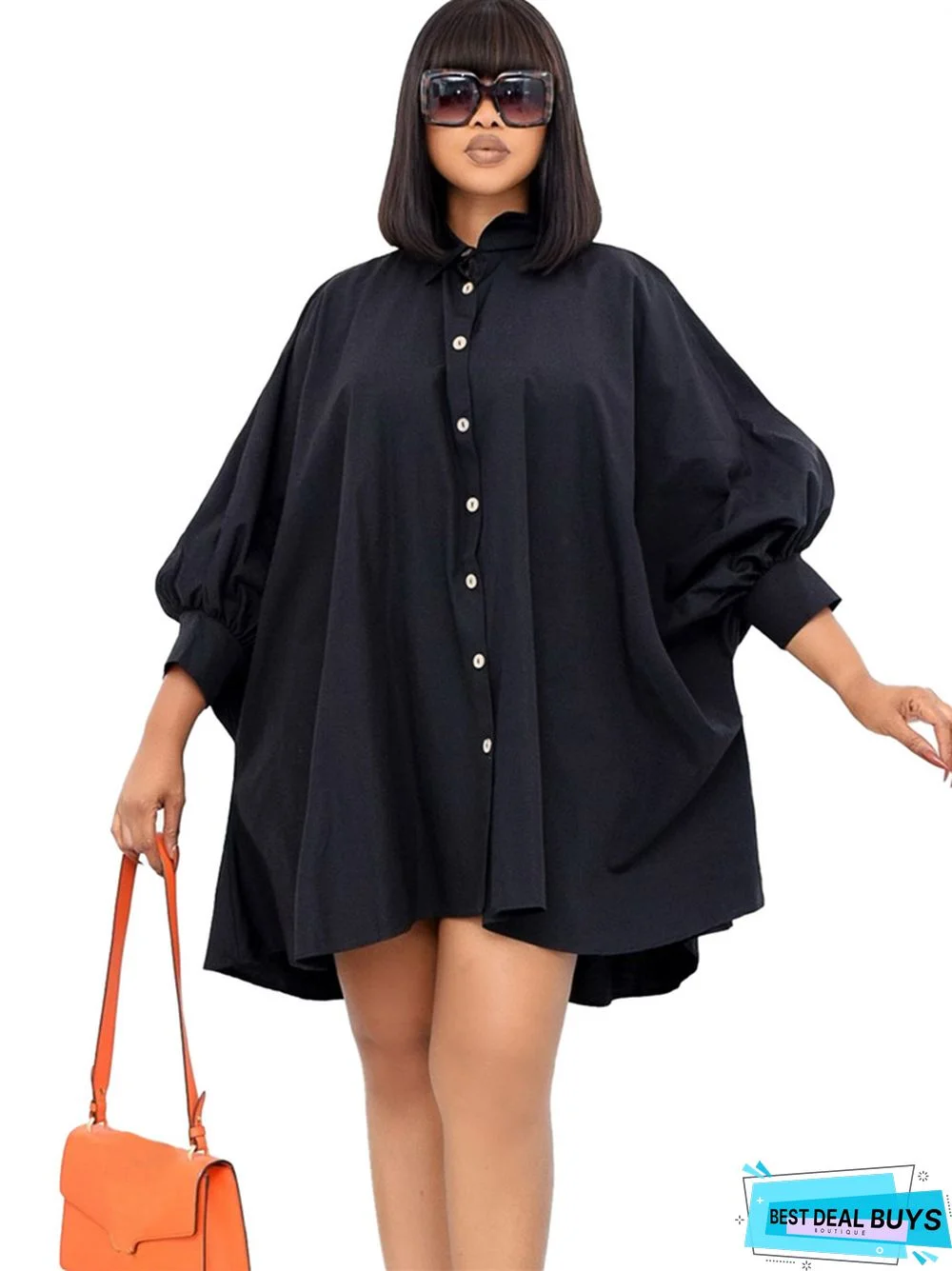 Loose Touch Lapel Solid Color Shirt Dress