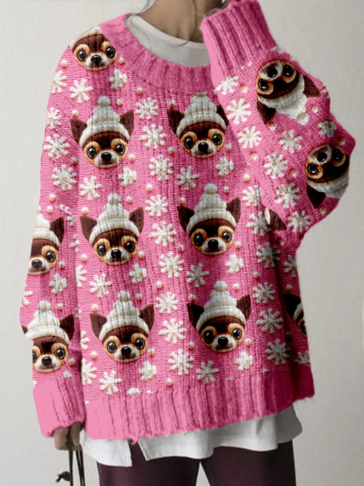 Cute Christmas Chihuahua Embroidered Cozy Sweater