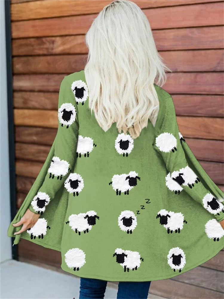 VChics Women's Cute Plush Sheep Pattern Print Cardigan