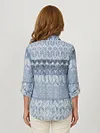Back view of blue tie-dye mosaic print button-down shirt for women with roll-tab sleeves