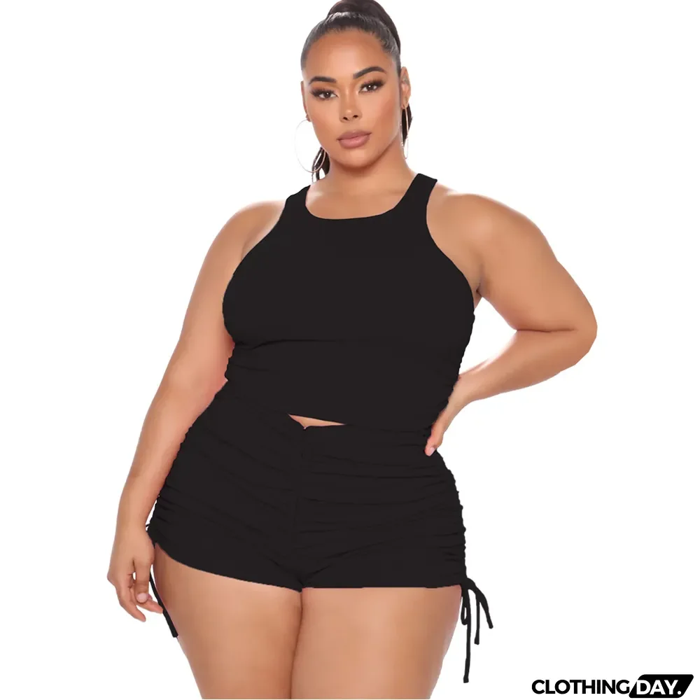 Plus Size Women's Tank Top Pleated Casual Shorts Two Piece Set