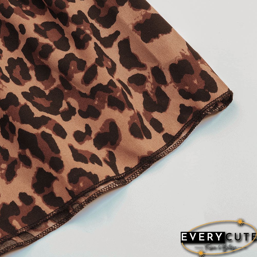 Khaki Leopard Print Tie Waist Flared Long Sleeve Dress