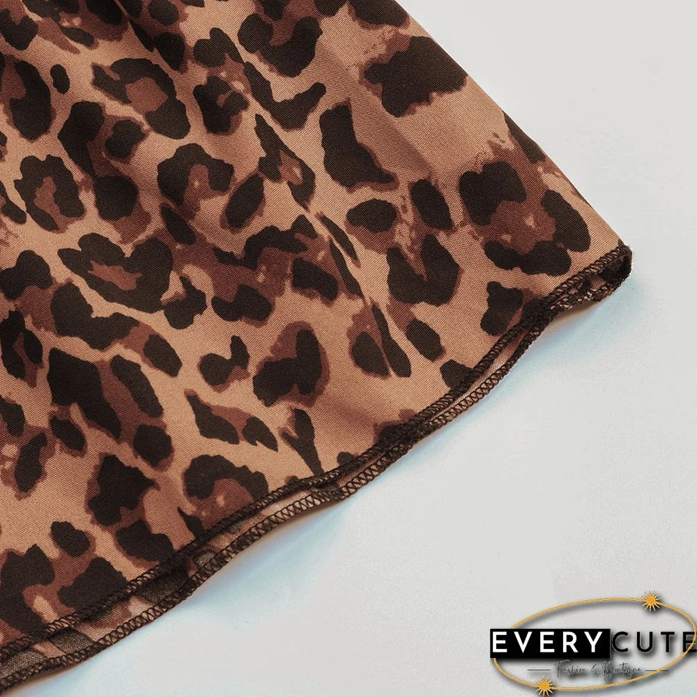 Khaki Leopard Print Tie Waist Flared Long Sleeve Dress