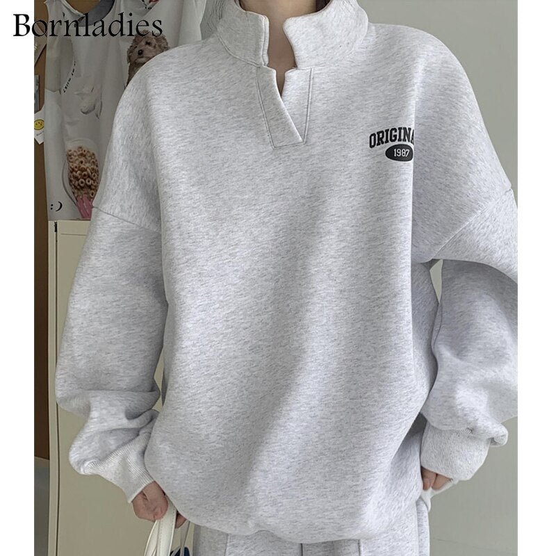 Bornladies 2022 Women Cotton Sweatshirt Suit Oversized Sets Female Stand Collar Loose Sweatshirt + Long Pants Suits Short Sets