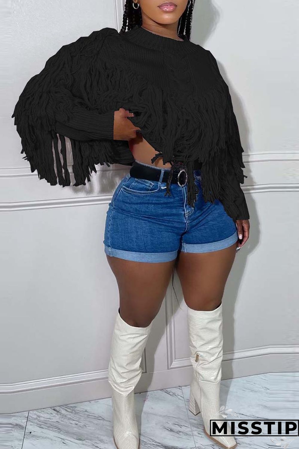 Black Casual Solid Tassel O Neck Tops