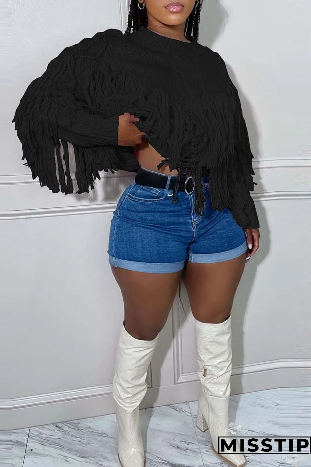 Black Casual Solid Tassel O Neck Tops