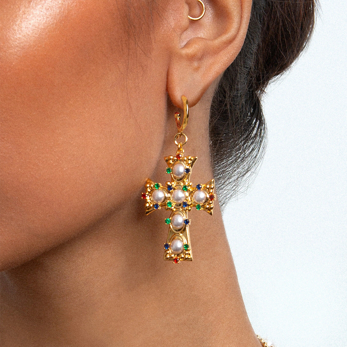 Jie Ding Stainless Steel Colored Diamond Cross Earrings Personalized Earrings Titanium Steel Earrings