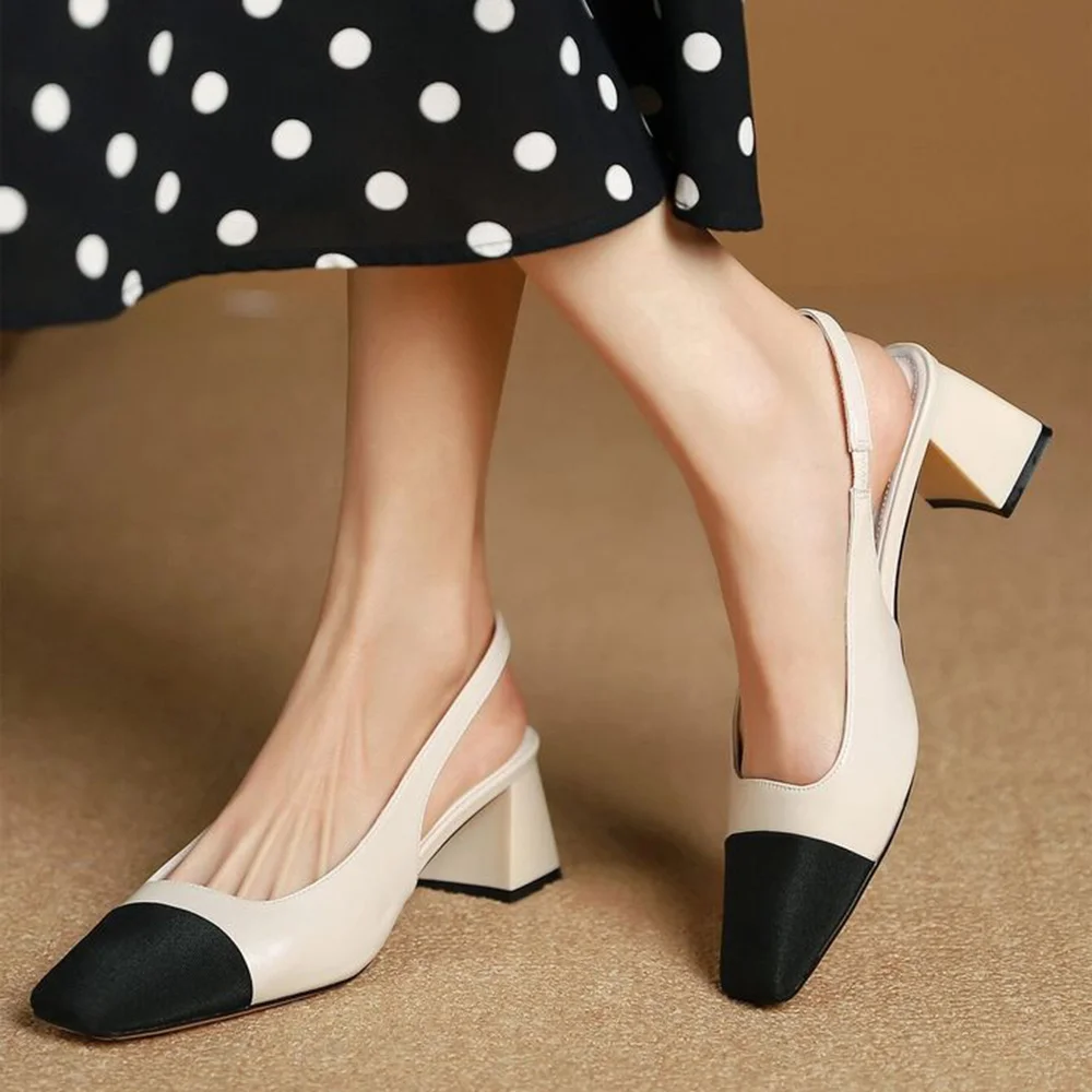White & Black Square Toe Slingback Pumps With Low Chunky Heel Nicepairs
