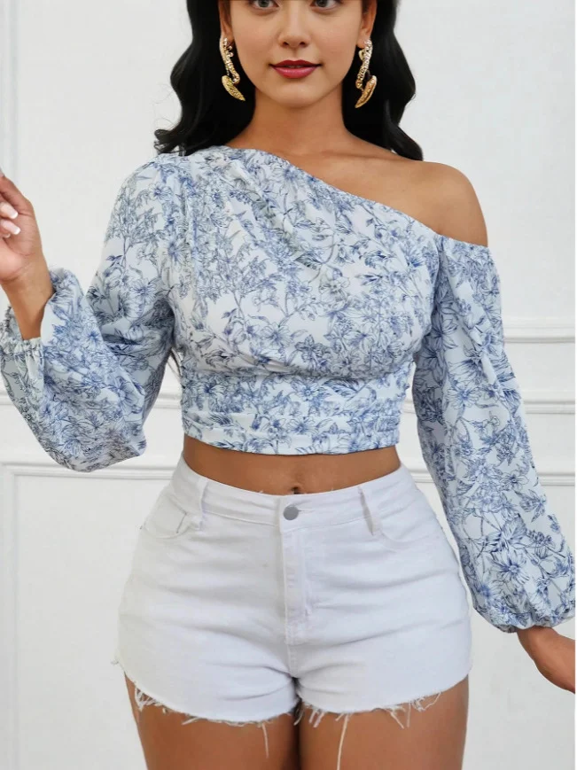 Nigikala Nigikala Women's Short Blue Broken Flowers With Asymmetric Shoulder Bubble Sleeve Shirt Autumn Women's Clothing