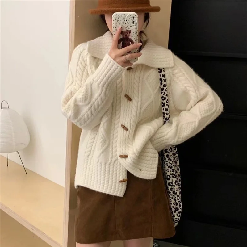 Ueong Waxy Twist Turtleneck Cardigan Women's Autumn And Winter New Korean Style Lazy Breeze Loose High Sense Knitted Coat