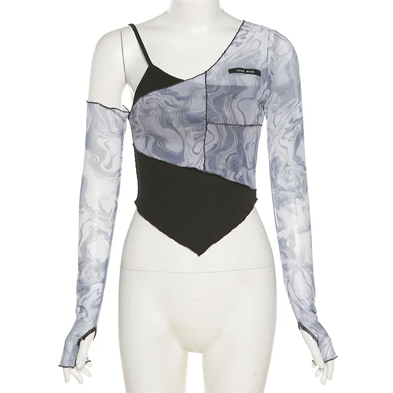 Toloer Toloer 2023 New Women's Fashion Print Irregular Sexy Open Shoulder False Two Long-Sleeved Women-Outfit Ideas