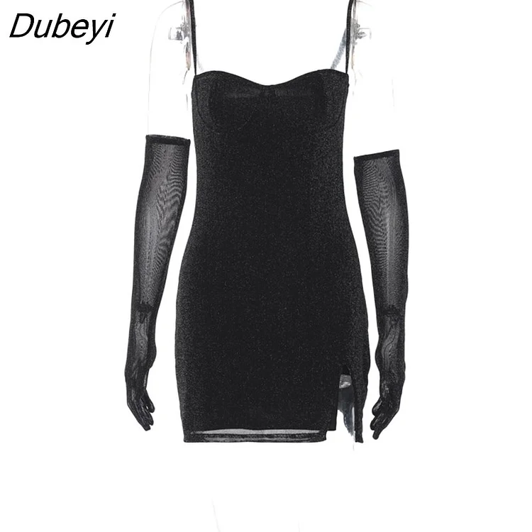 Dubeyi Straps Sexy Slit Backless Bodycon Glitter Mini Dress Women Party Club Evening Sequin Slip Dresses 2023 Summer Autumn