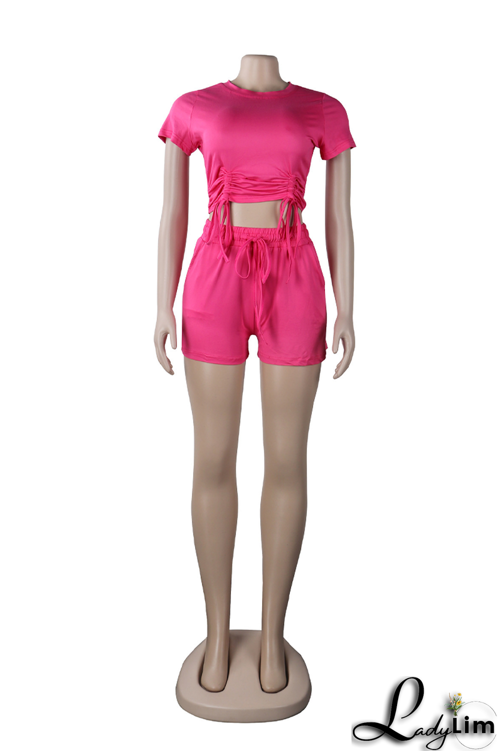 Rose Red Fashion Solid Draw String O Neck Short Sleeve Two Pieces