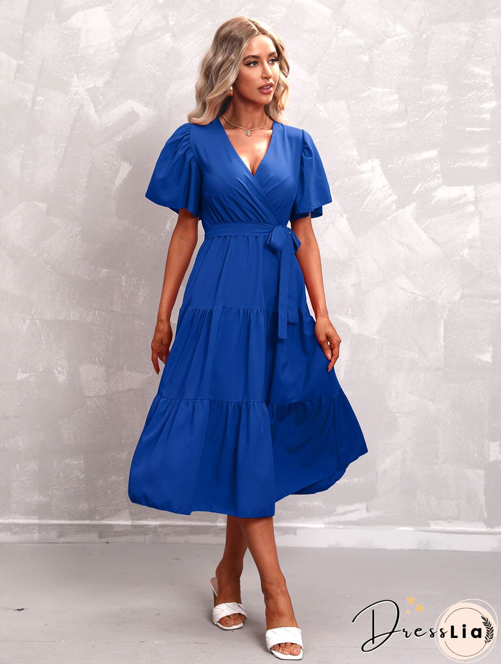 Elegant Womens Summer Dress & Casual Lace-Up Solid Color Neck High Waist Short Sleeve