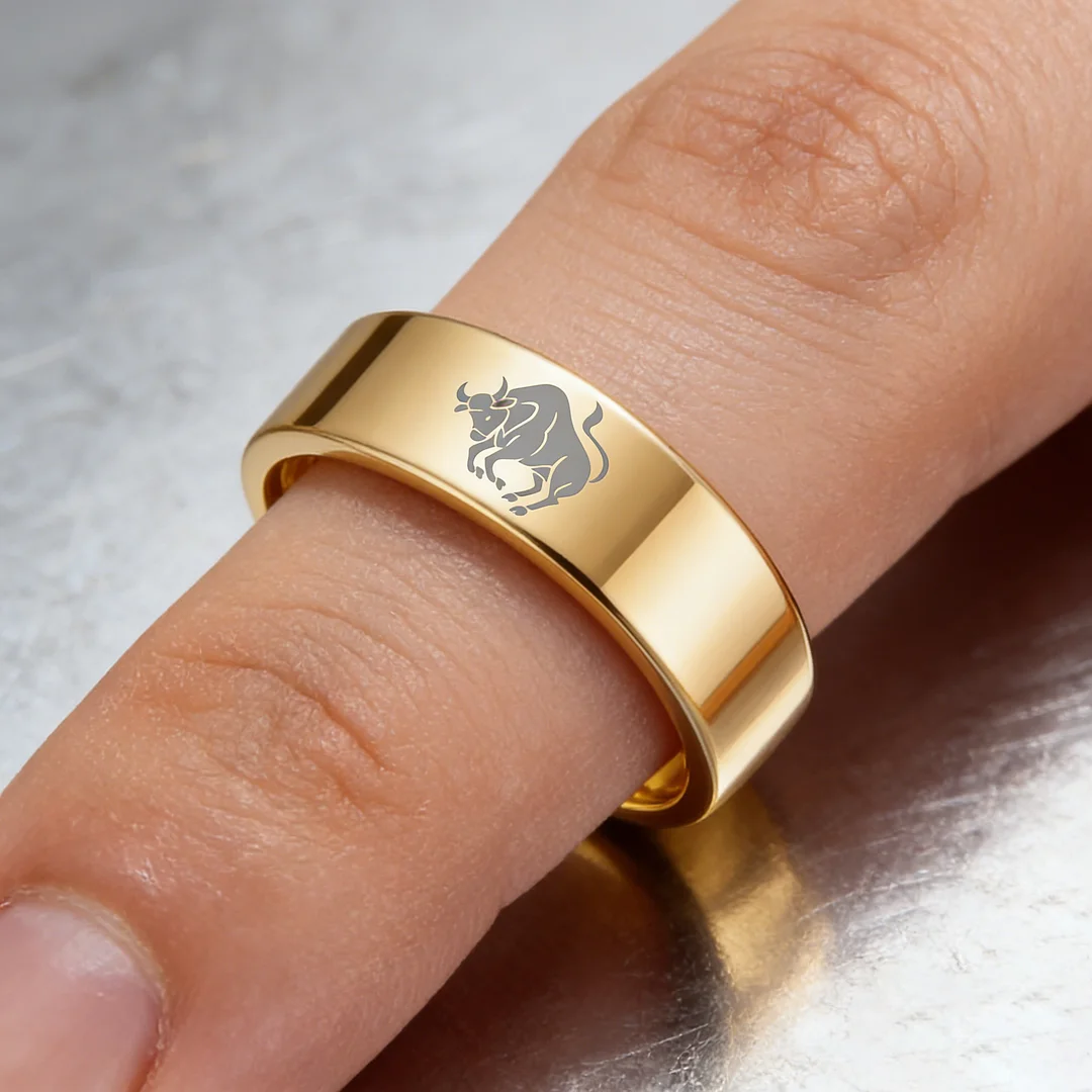 Taurus Tungsten Carbide Rings Gold Flat Wedding Bands Comfort Fit Mens and Womens 4MM 6MM 8MM